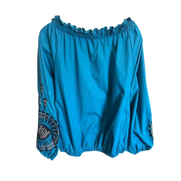 Ryu Off-Shoulder Embroidered Blouse Teal Top M 100% Cotton Boho Chic Stylish NWT - Picture 3 of 13